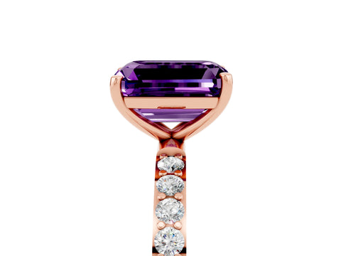 Rose gold Emerald Cut Amethyst Solitaire Ring with Pave Band and Four Prong Setting_29