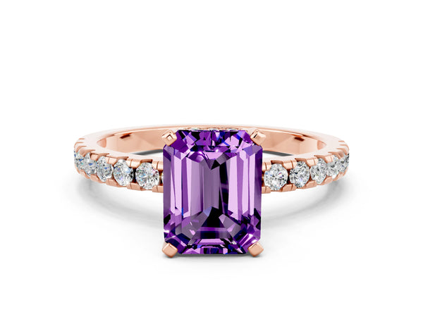 Rose gold Emerald Cut Amethyst Solitaire Ring with Round  Pavé Band and Four-Prong Setting