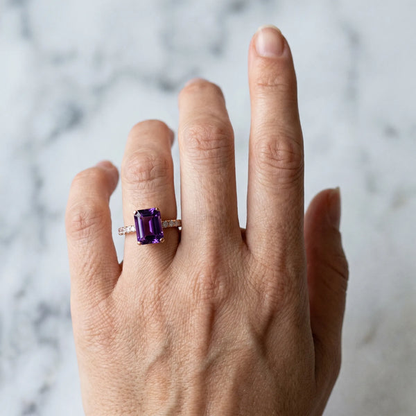 Rose gold Emerald Cut Amethyst Solitaire Ring with Round  Pavé Band and Four-Prong Setting