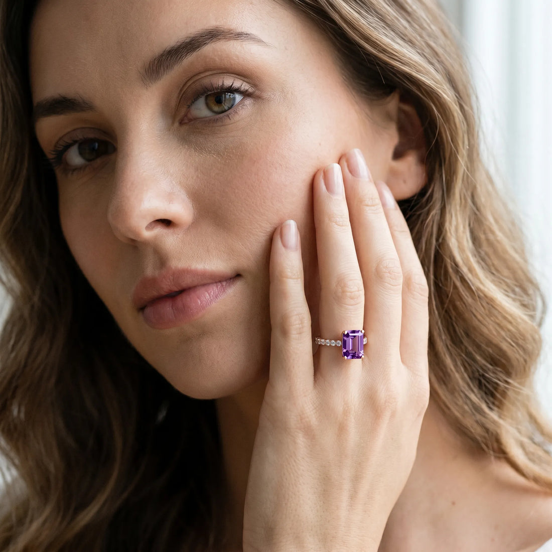 Rose gold Emerald Cut Amethyst Solitaire Ring with Round  Pavé Band and Four-Prong Setting_43