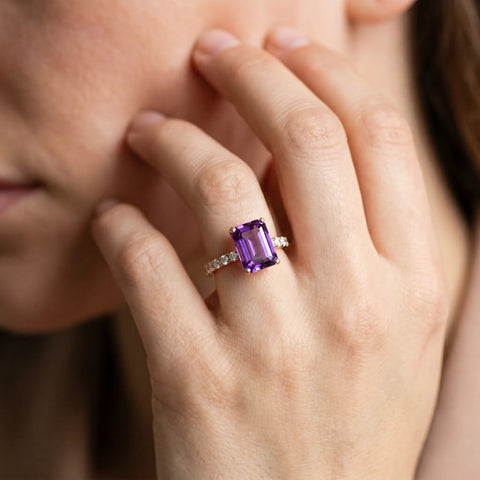 Rose gold Emerald Cut Amethyst Solitaire Ring with Round  Pavé Band and Four-Prong Setting_44