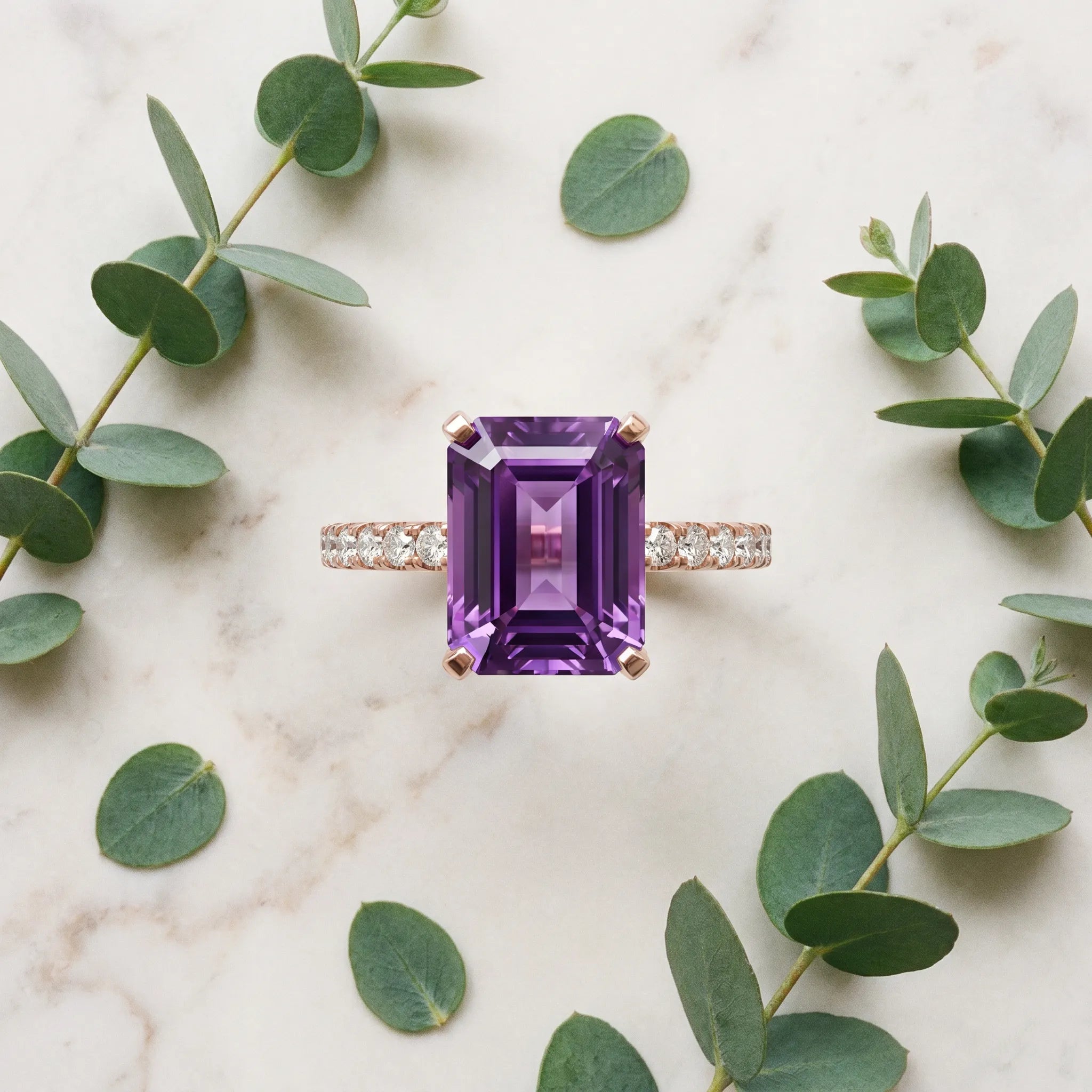 Rose gold Emerald Cut Amethyst Solitaire Ring with Round  Pavé Band and Four-Prong Setting_45
