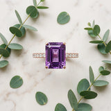 Rose gold Emerald Cut Amethyst Solitaire Ring with Round  Pavé Band and Four-Prong Setting_45