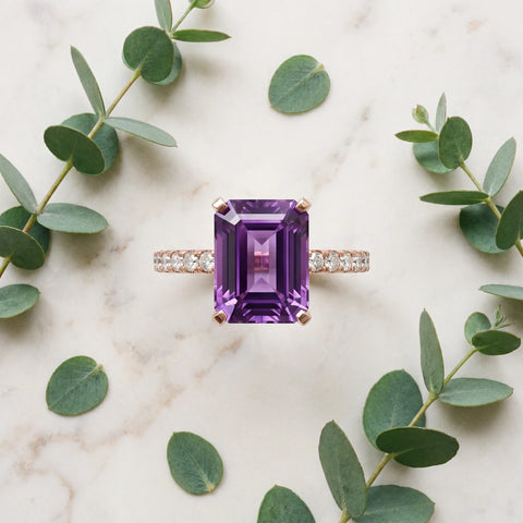 Rose gold Emerald Cut Amethyst Solitaire Ring with Round  Pavé Band and Four-Prong Setting_45