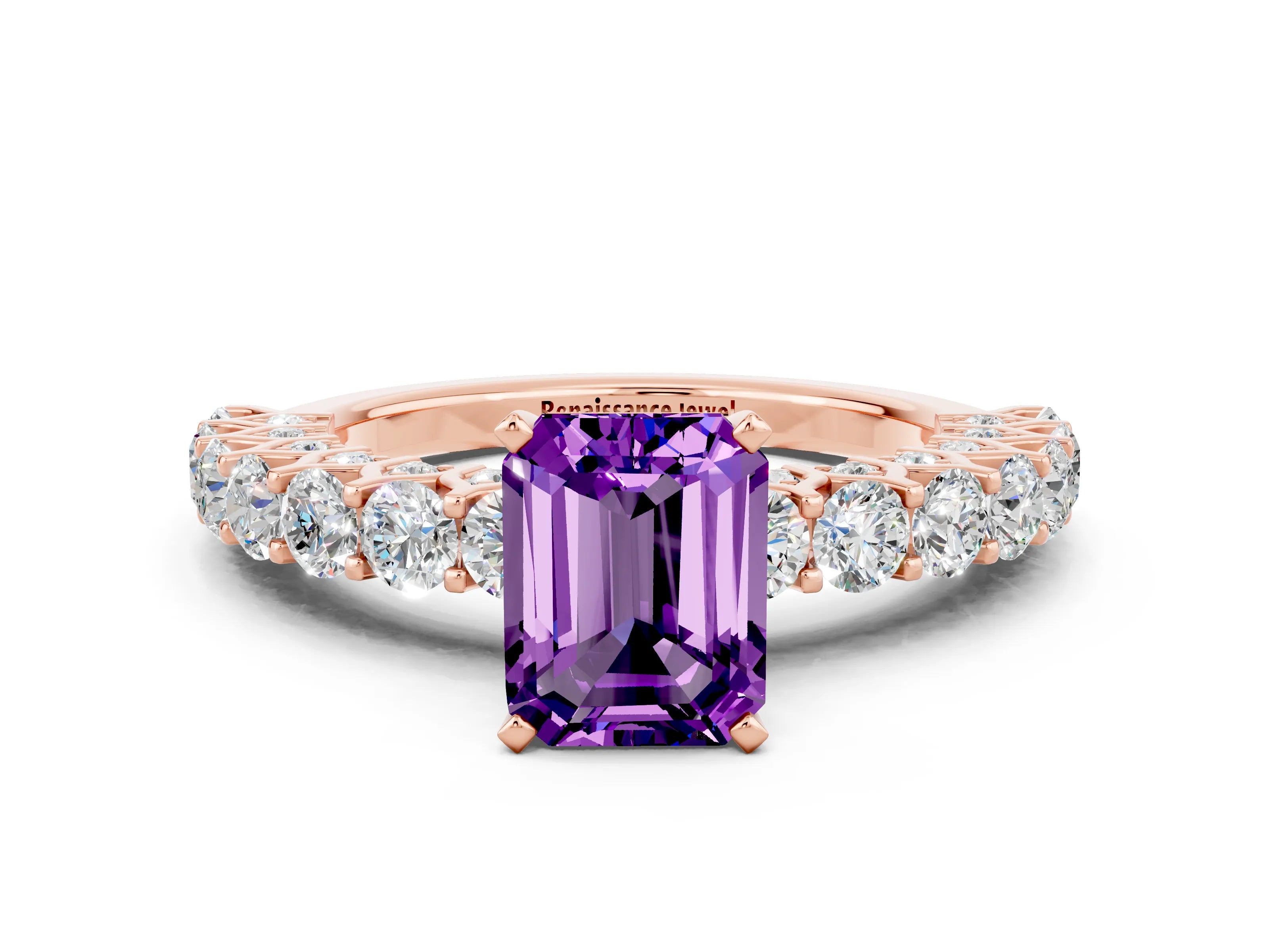 Rose gold Emerald Cut Amethyst Solitaire Ring with Shared Prong Pavé Band and Four-Prong Setting