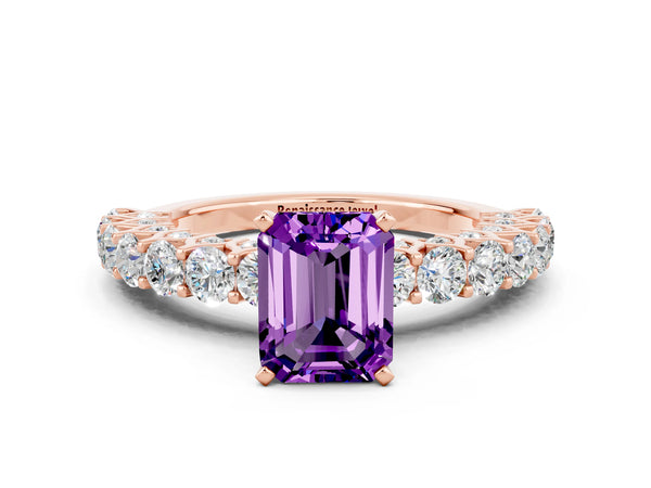 Rose gold Emerald Cut Amethyst Solitaire Ring with Shared Prong Pavé Band and Four-Prong Setting