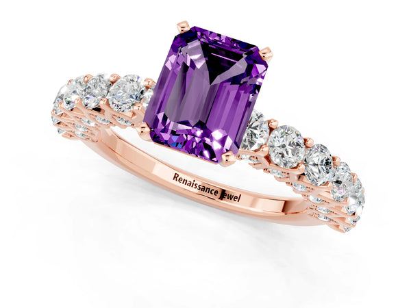 Rose gold Emerald Cut Amethyst Solitaire Ring with Shared Prong Pavé Band and Four-Prong Setting