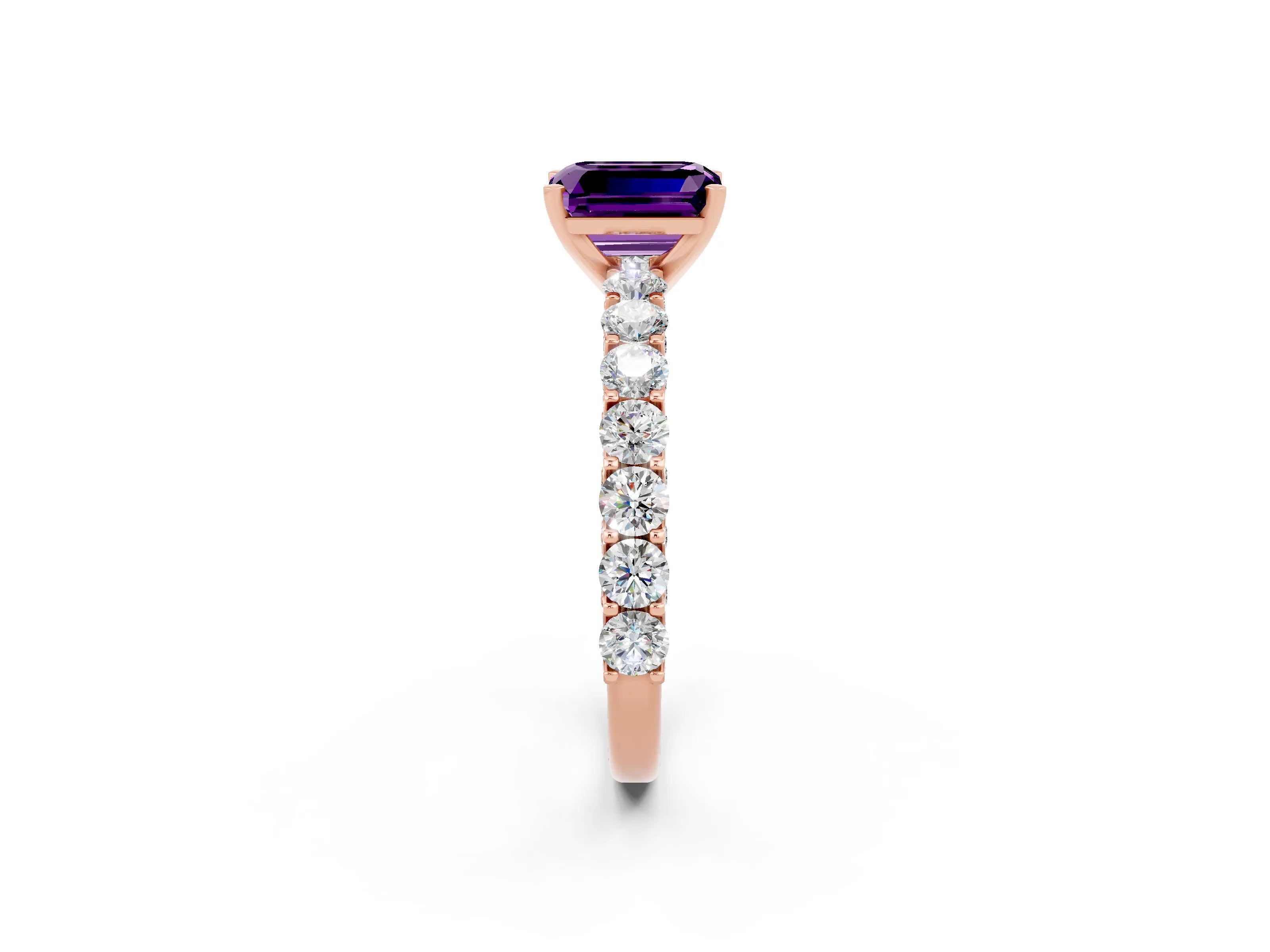 Rose gold Emerald Cut Amethyst Solitaire Ring with Shared Prong Pavé Band and Four-Prong Setting_2