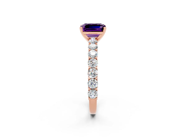 Rose gold Emerald Cut Amethyst Solitaire Ring with Shared Prong Pavé Band and Four-Prong Setting