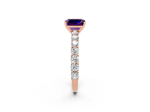 Rose gold Emerald Cut Amethyst Solitaire Ring with Shared Prong Pavé Band and Four-Prong Setting_2