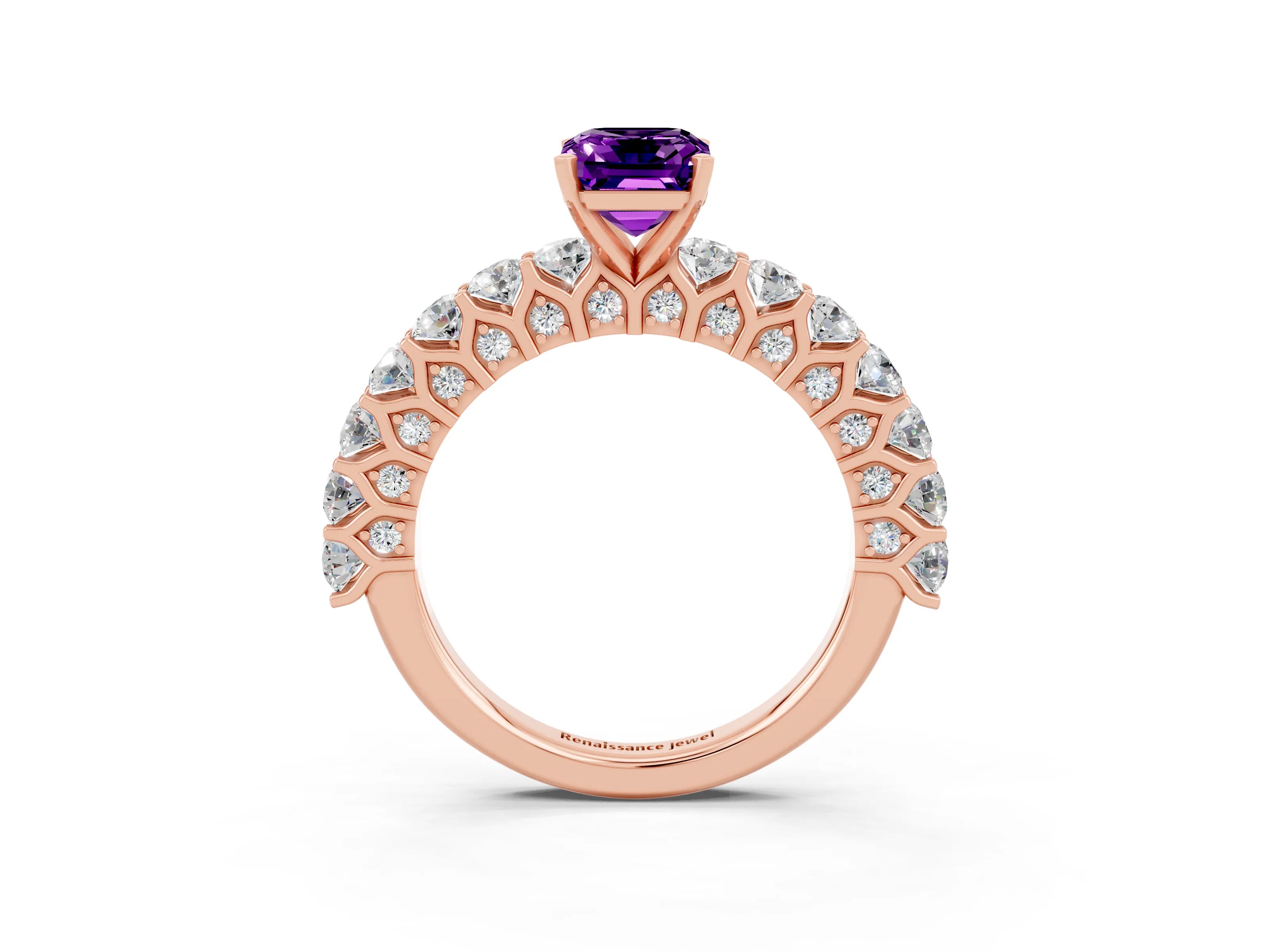 Rose gold Emerald Cut Amethyst Solitaire Ring with Shared Prong Pavé Band and Four-Prong Setting_3