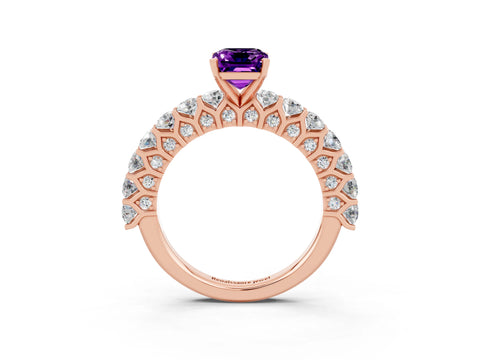 Rose gold Emerald Cut Amethyst Solitaire Ring with Shared Prong Pavé Band and Four-Prong Setting_3