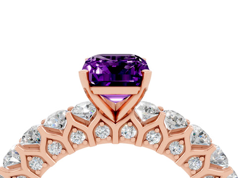 Rose gold Emerald Cut Amethyst Solitaire Ring with Shared Prong Pavé Band and Four-Prong Setting_4