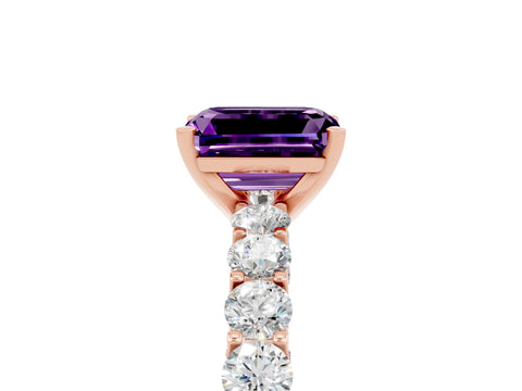 Rose gold Emerald Cut Amethyst Solitaire Ring with Shared Prong Pavé Band and Four-Prong Setting_5