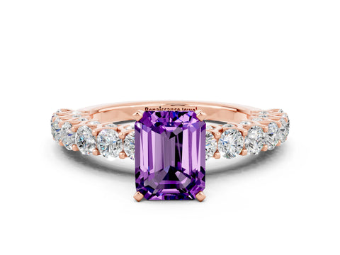 Rose gold Emerald Cut Amethyst Solitaire Ring with Shared Prong Pavé Band and Four-Prong Setting