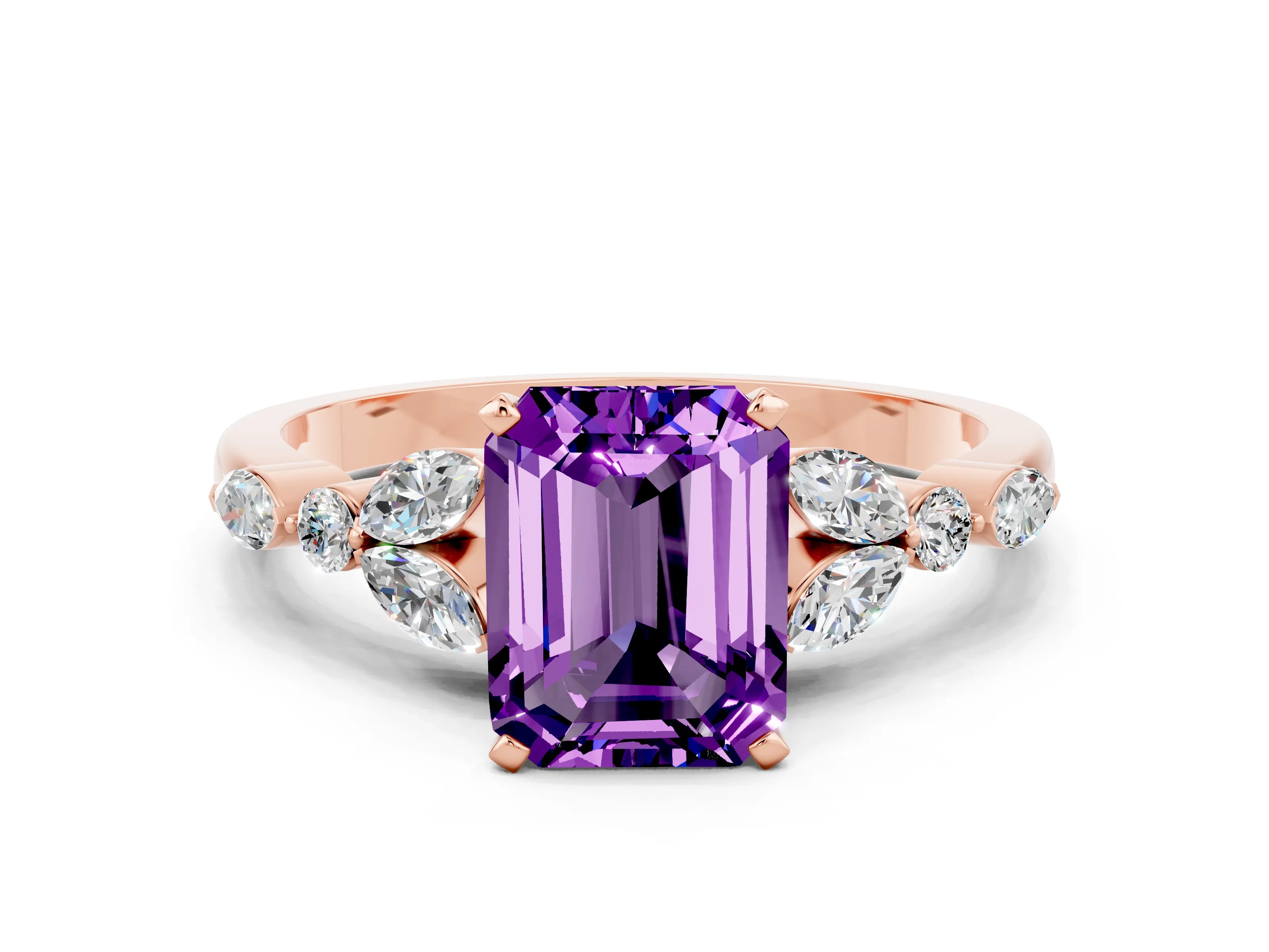 Rose gold Emerald Cut Amethyst Solitaire Ring with Side Stones and Four-Prong Setting_12
