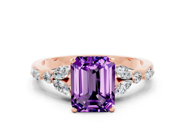 Rose gold Emerald Cut Amethyst Solitaire Ring with Side Stones and Four-Prong Setting