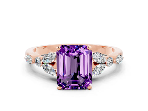 Rose gold Emerald Cut Amethyst Solitaire Ring with Side Stones and Four-Prong Setting_12