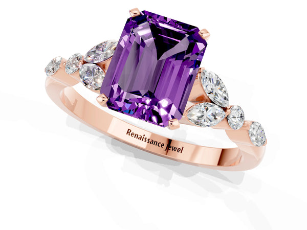 Rose gold Emerald Cut Amethyst Solitaire Ring with Side Stones and Four-Prong Setting
