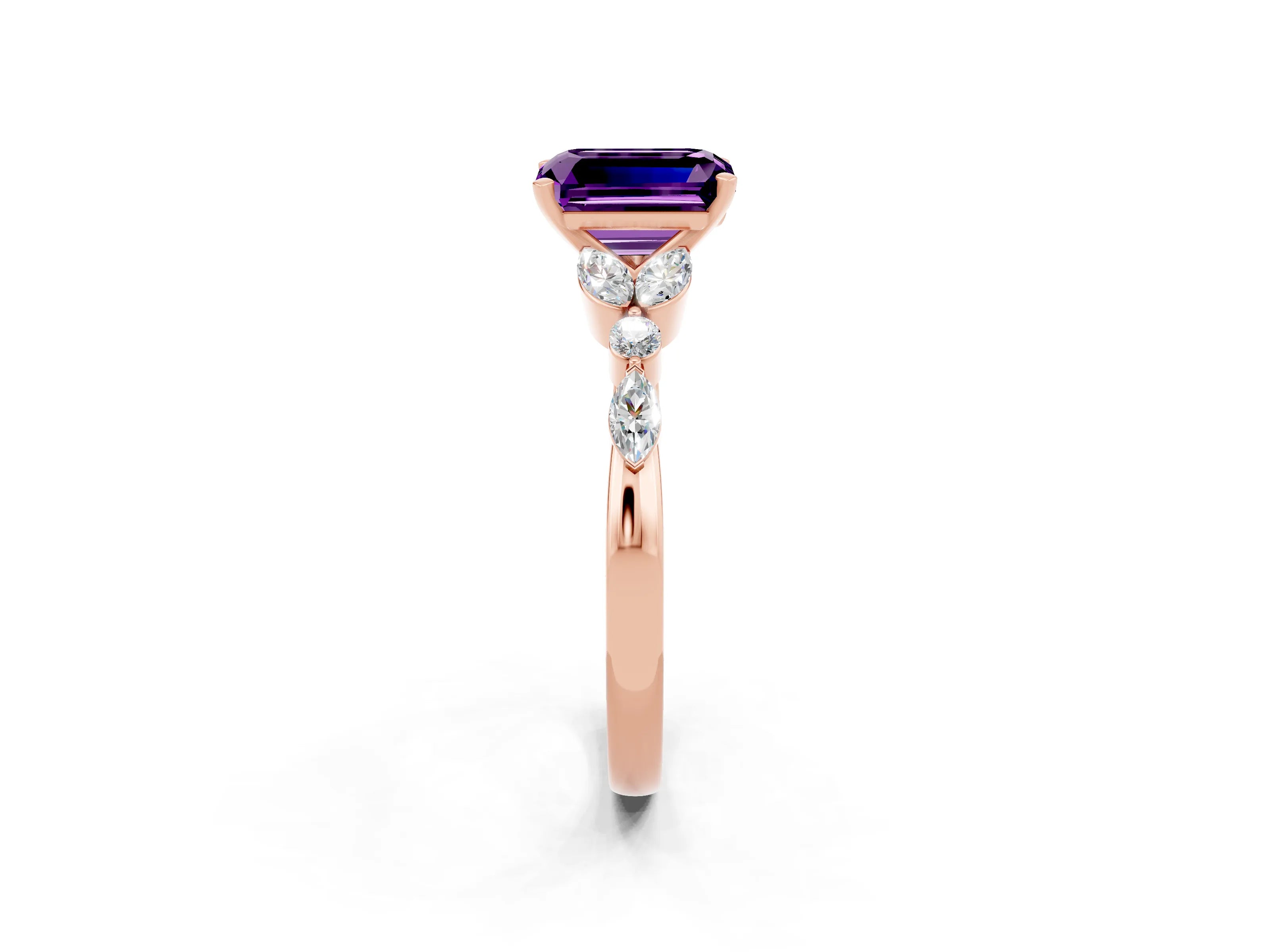 Rose gold Emerald Cut Amethyst Solitaire Ring with Side Stones and Four-Prong Setting_14