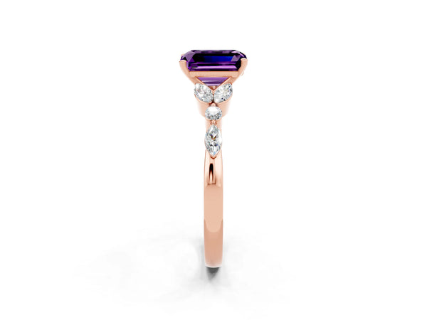 Rose gold Emerald Cut Amethyst Solitaire Ring with Side Stones and Four-Prong Setting