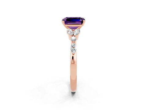 Rose gold Emerald Cut Amethyst Solitaire Ring with Side Stones and Four-Prong Setting_14