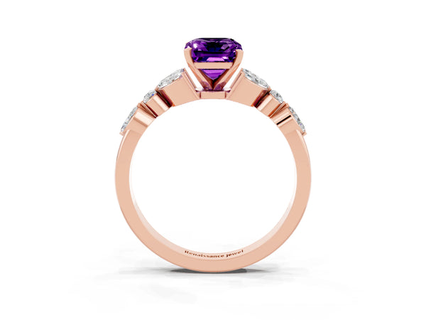 Rose gold Emerald Cut Amethyst Solitaire Ring with Side Stones and Four-Prong Setting
