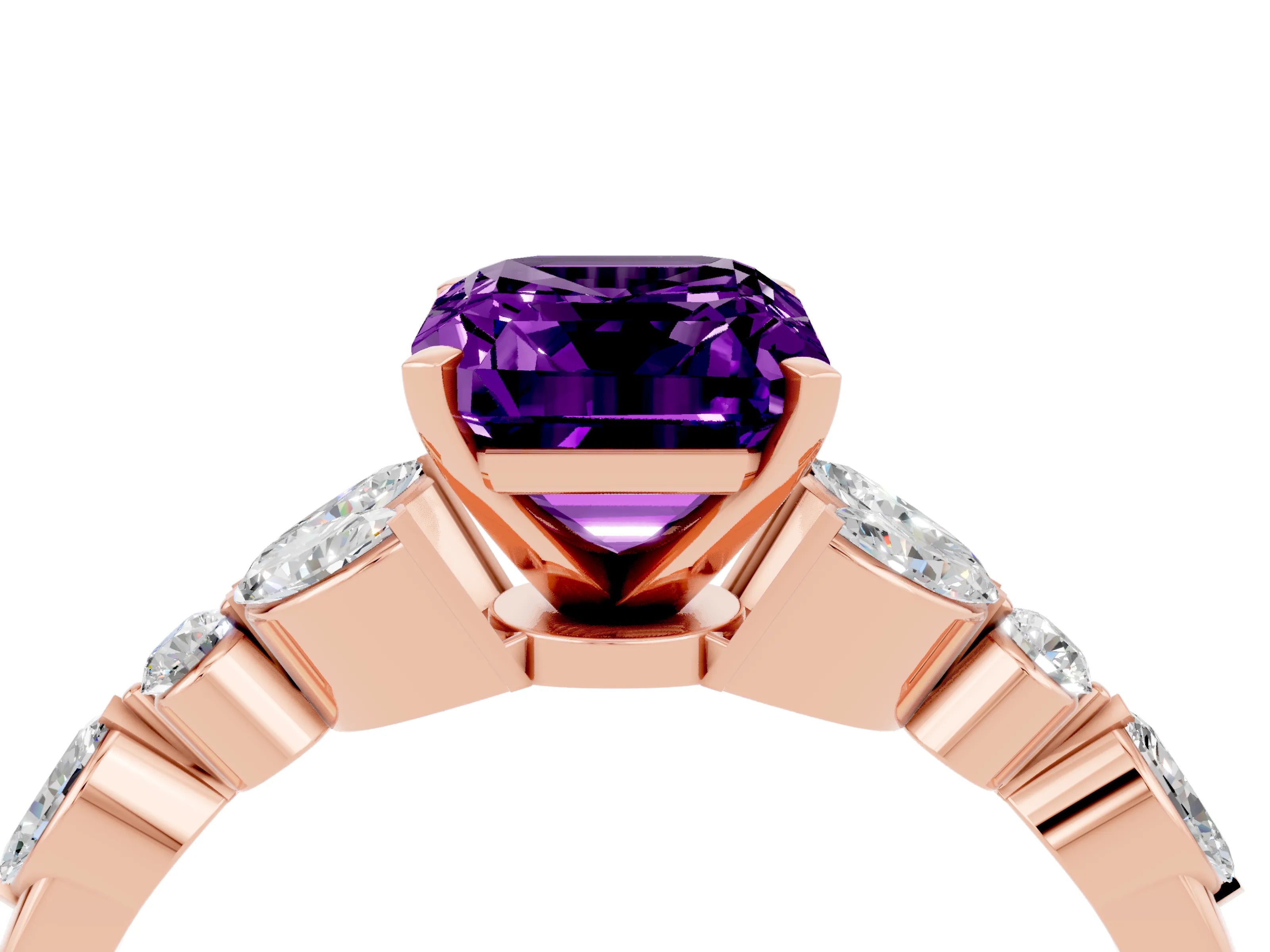 Rose gold Emerald Cut Amethyst Solitaire Ring with Side Stones and Four-Prong Setting_16