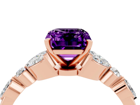 Rose gold Emerald Cut Amethyst Solitaire Ring with Side Stones and Four-Prong Setting_16