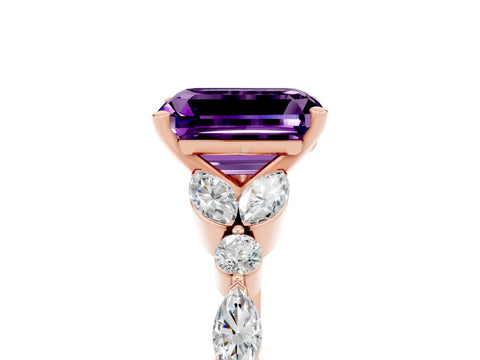 Rose gold Emerald Cut Amethyst Solitaire Ring with Side Stones and Four-Prong Setting_17