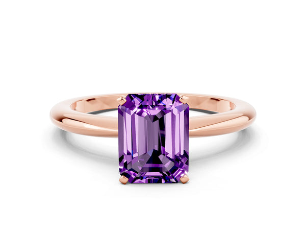 Rose gold Emerald Cut Amethyst Solitaire Ring with Six-Prong Setting and Classic Band