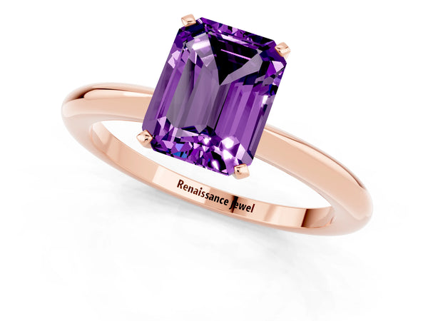 Rose gold Emerald Cut Amethyst Solitaire Ring with Six-Prong Setting and Classic Band