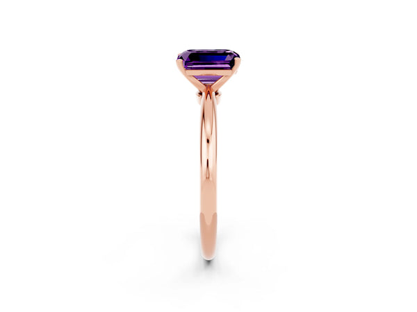 Rose gold Emerald Cut Amethyst Solitaire Ring with Six-Prong Setting and Classic Band