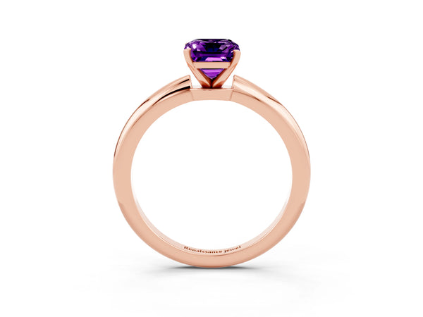 Rose gold Emerald Cut Amethyst Solitaire Ring with Six-Prong Setting and Classic Band