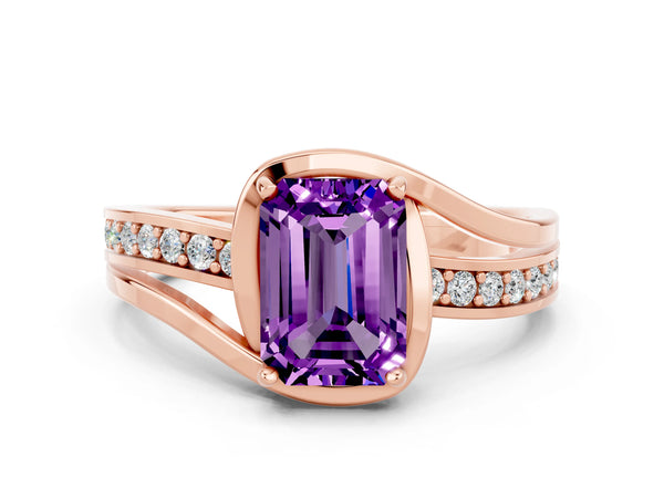 Rose gold Emerald Cut Amethyst Solitaire Ring with Split Shank and Prong Setting