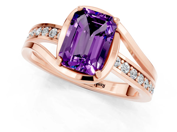 Rose gold Emerald Cut Amethyst Solitaire Ring with Split Shank and Prong Setting