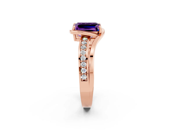 Rose gold Emerald Cut Amethyst Solitaire Ring with Split Shank and Prong Setting