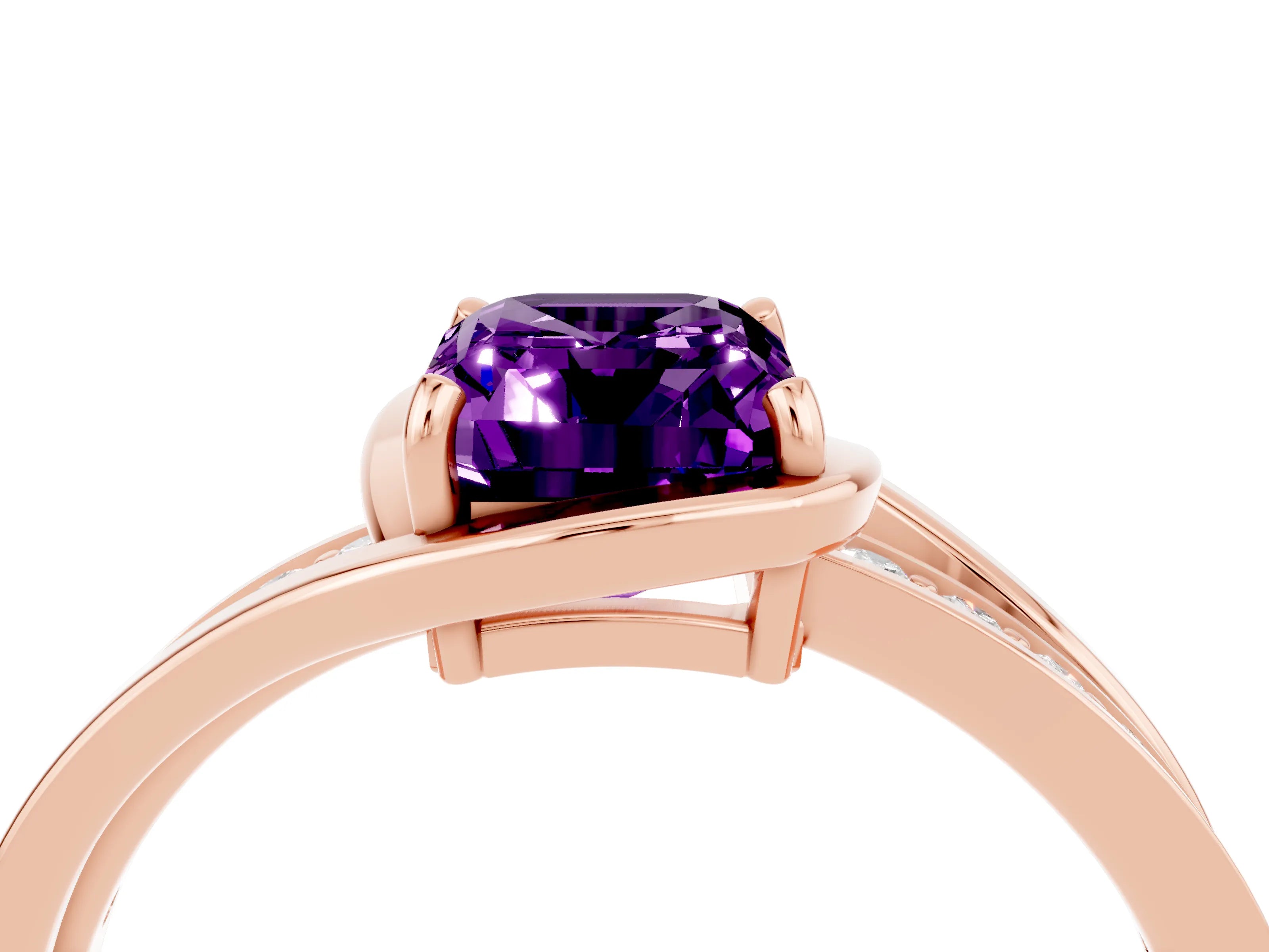 Rose gold Emerald Cut Amethyst Solitaire Ring with Split Shank and Prong Setting_4