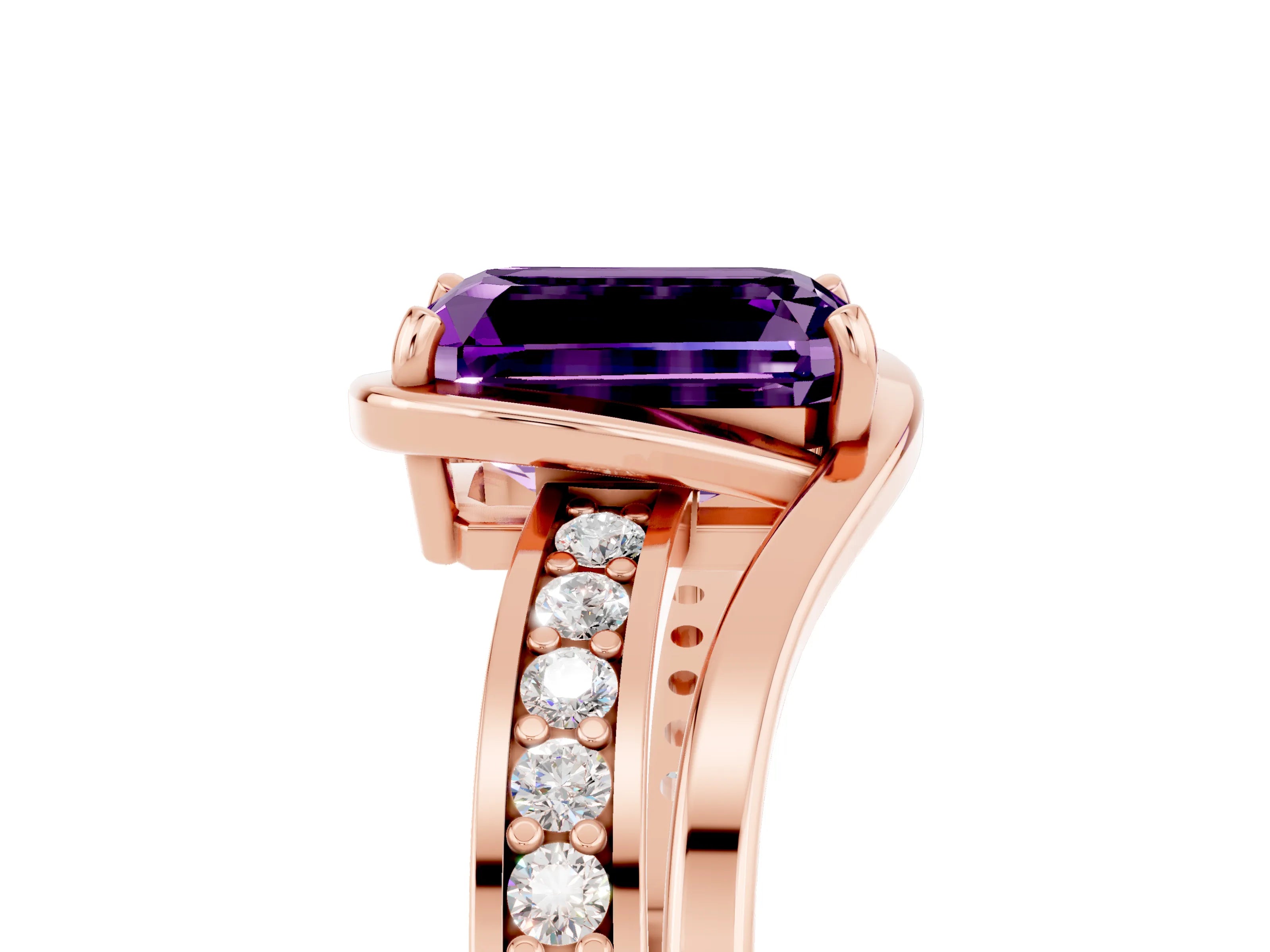 Rose gold Emerald Cut Amethyst Solitaire Ring with Split Shank and Prong Setting_5