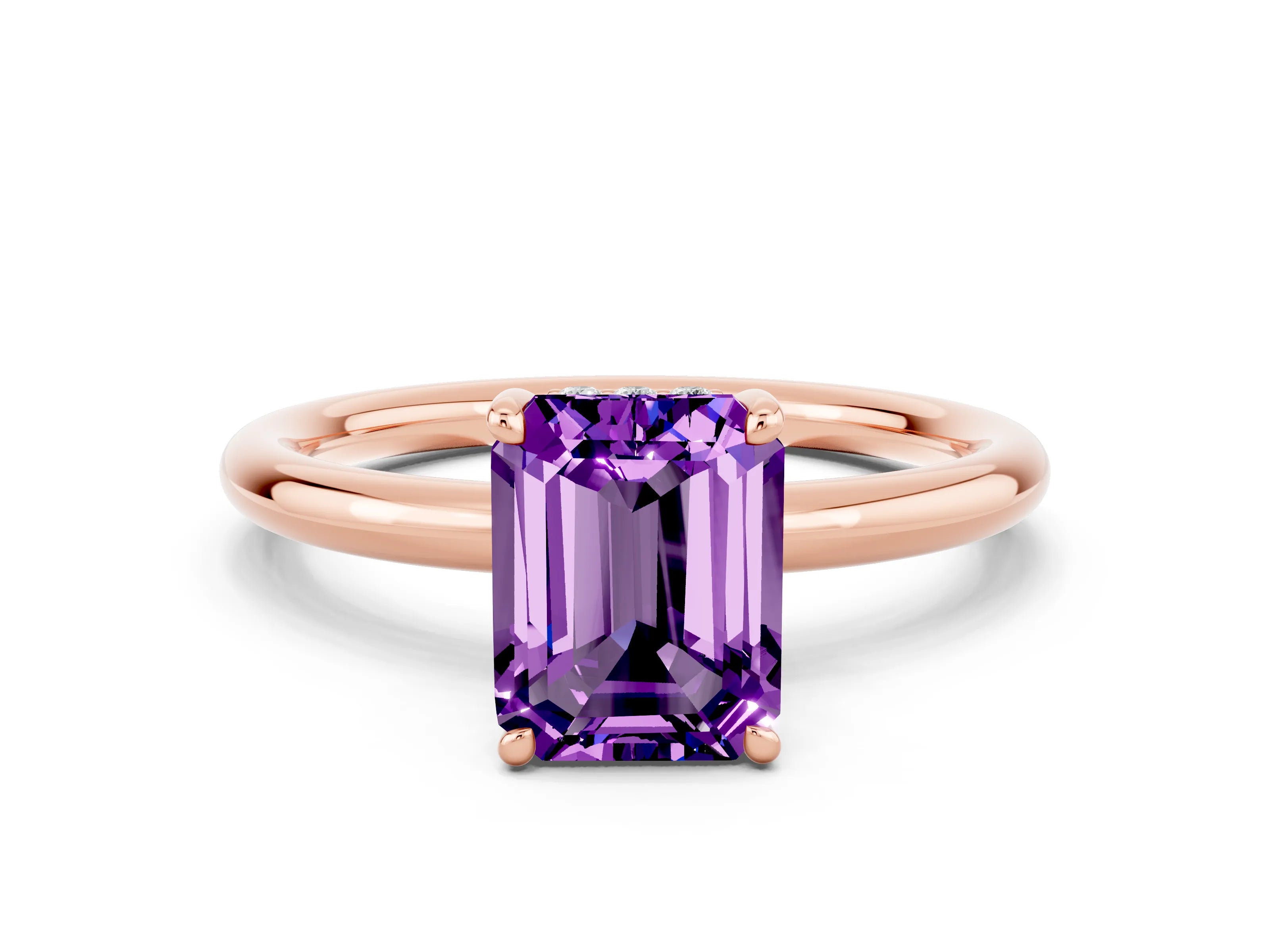 Rose gold Emerald Cut Amethyst Solitaire Ring with Thin Band and Four-Prong Setting_12