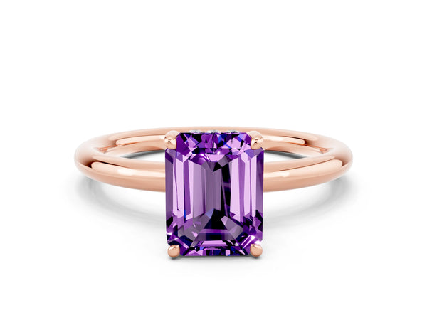 Rose gold Emerald Cut Amethyst Solitaire Ring with Thin Band and Four-Prong Setting