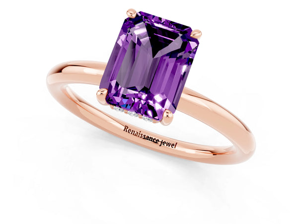 Rose gold Emerald Cut Amethyst Solitaire Ring with Thin Band and Four-Prong Setting