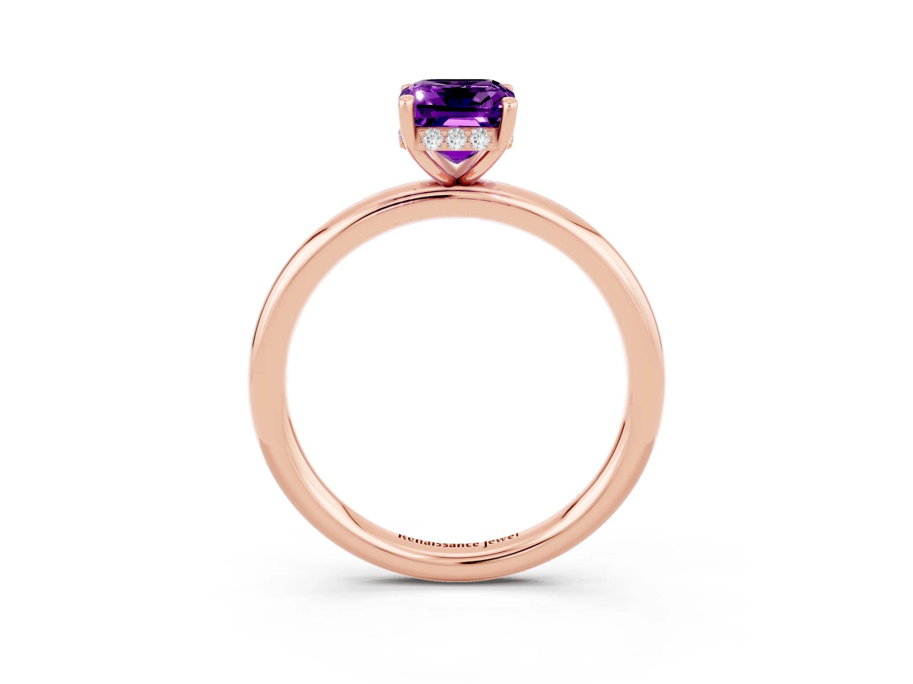 Rose gold Emerald Cut Amethyst Solitaire Ring with Thin Band and Four-Prong Setting_15