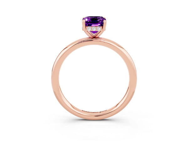 Rose gold Emerald Cut Amethyst Solitaire Ring with Thin Band and Four-Prong Setting