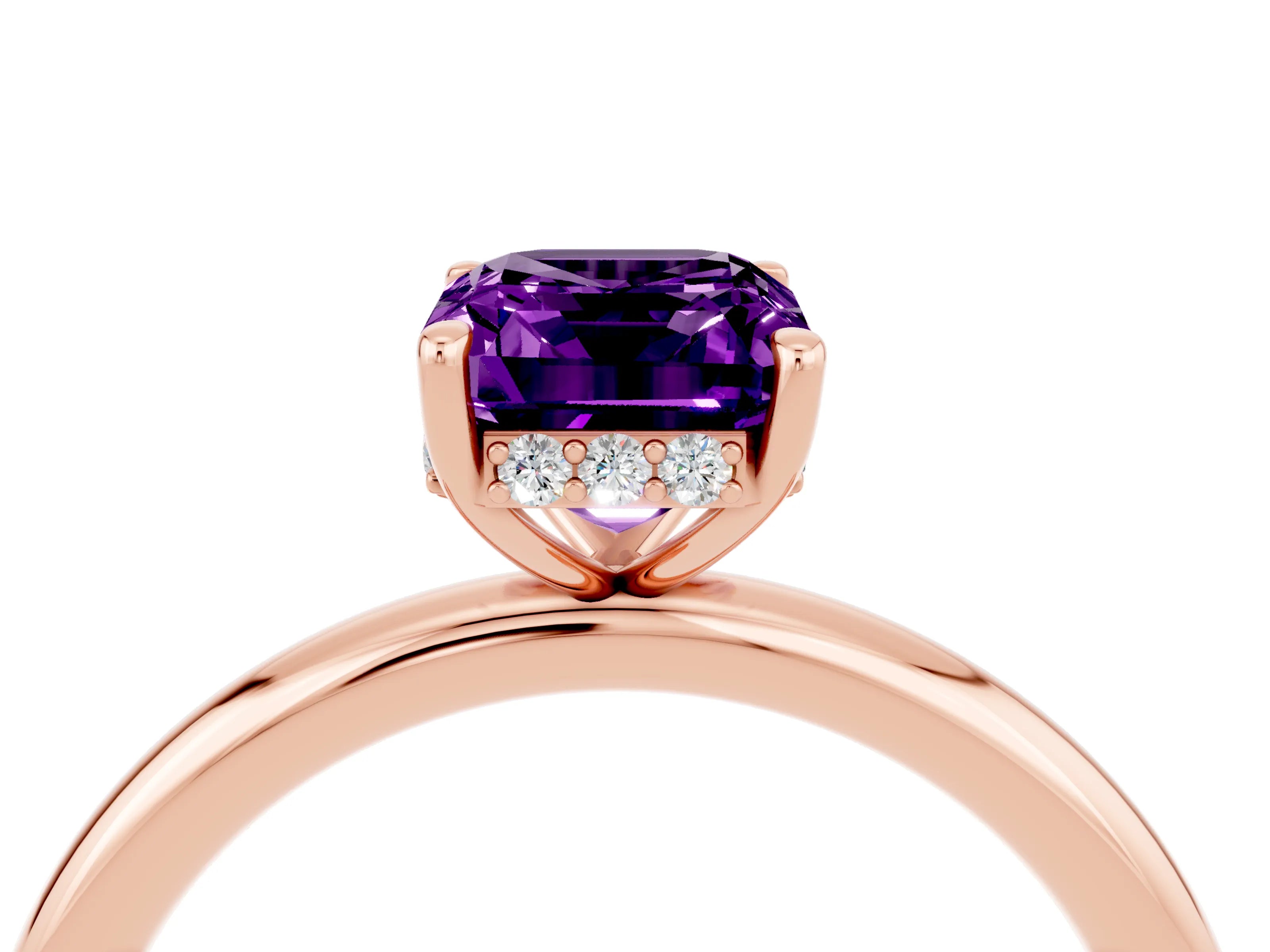 Rose gold Emerald Cut Amethyst Solitaire Ring with Thin Band and Four-Prong Setting_16