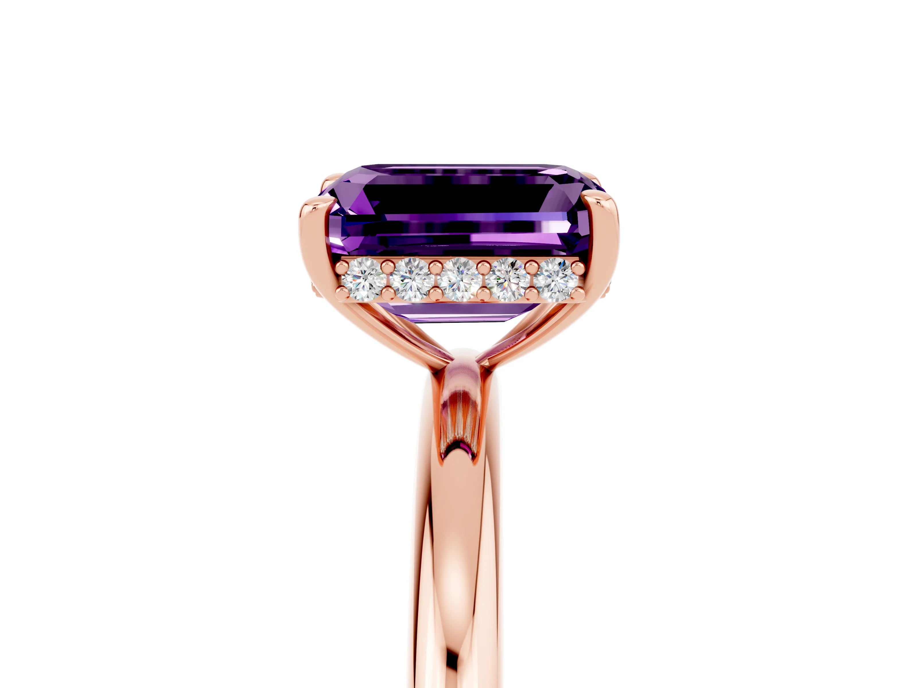Rose gold Emerald Cut Amethyst Solitaire Ring with Thin Band and Four-Prong Setting_17