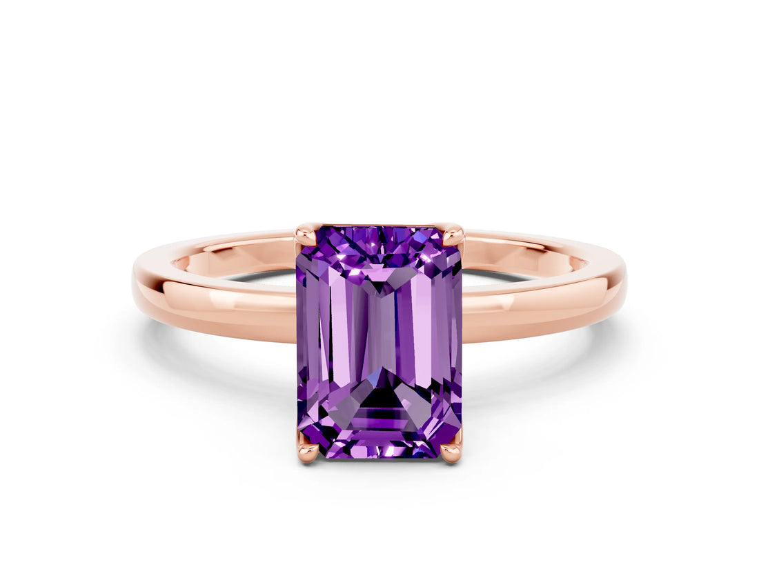 Rose gold Emerald Cut Amethyst Solitaire Ring with Thin Band and Prong Setting_12
