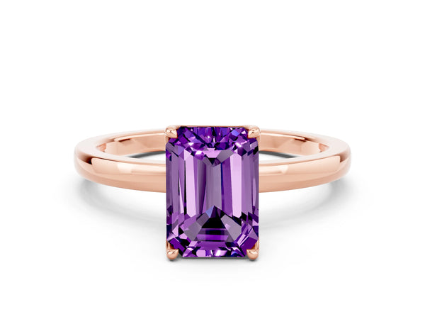 Rose gold Emerald Cut Amethyst Solitaire Ring with Thin Band and Prong Setting