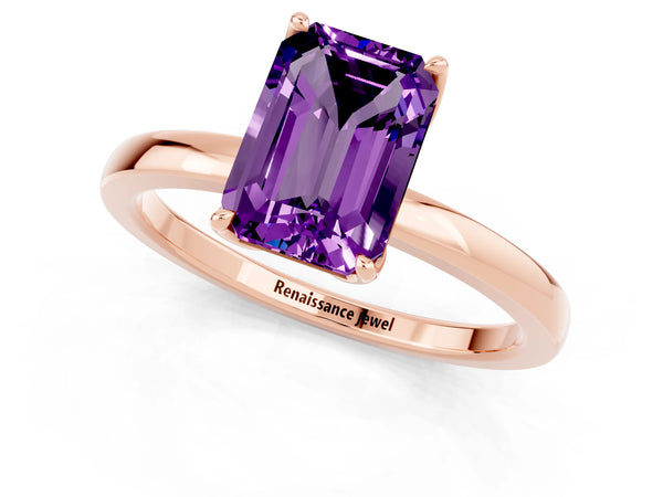 Rose gold Emerald Cut Amethyst Solitaire Ring with Thin Band and Prong Setting