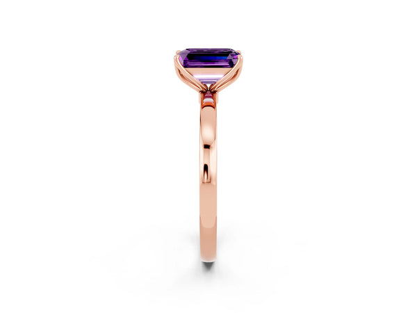 Rose gold Emerald Cut Amethyst Solitaire Ring with Thin Band and Prong Setting